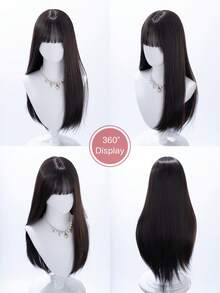alicegarden Wig Sintetis Panjang 30 Inci, Gaya Lurus Alami, Warna Hitam Memukau, Dengan Desain Poni, Cocok Untuk Pemakaian Sehari-hari Wanita, Hadiah Wig Alami dan Tahan Lama - Hitam - View 8