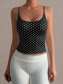 Muse Moon Women's Sexy Fitted Casual Solid Color Knit Tank Top, Suitable For Sports, Daily Wear, Work Commute - Black Background With White Polka Dots - View 6