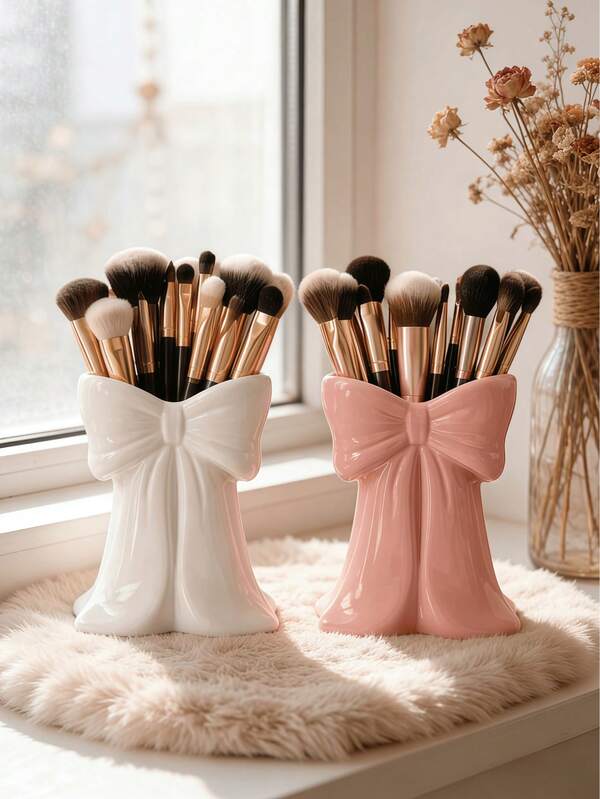 1pc Elegant Bow Design Makeup Brush Organizer Holder For Vanity Dresser Countertop, Cute Princess Style Cosmetic Storage Display Stand For Brushes Pencils Lipsticks, Chic Room Desktop Decorative Container For Bedroom Bathroom Office