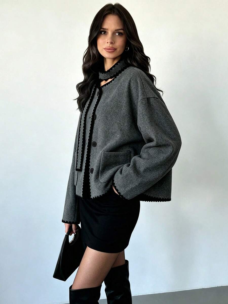 Women's Grey Short Polyester Jacket, Contrast Embroidery Trim, Open Front, Scarf Collar, Pockets And Long Sleeves, Perfect For Autumn/Winter - Dark Grey - View 1
