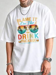 Vintage Casual Style, Men's T-Shirt, Blame It On Drink Graphic Print T-Shirt, Summer Beach Vacation, % Cotton, Funny Vacation T-Shirt - White - View 2