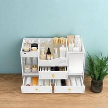 SHIOUCY White PVC Cosmetic Organizer, Vanity Storage Box, Makeup Organizer, Desktop Jewelry Storage Drawer Case With Mirror For Home Bedroom Dormitory - White - View 1