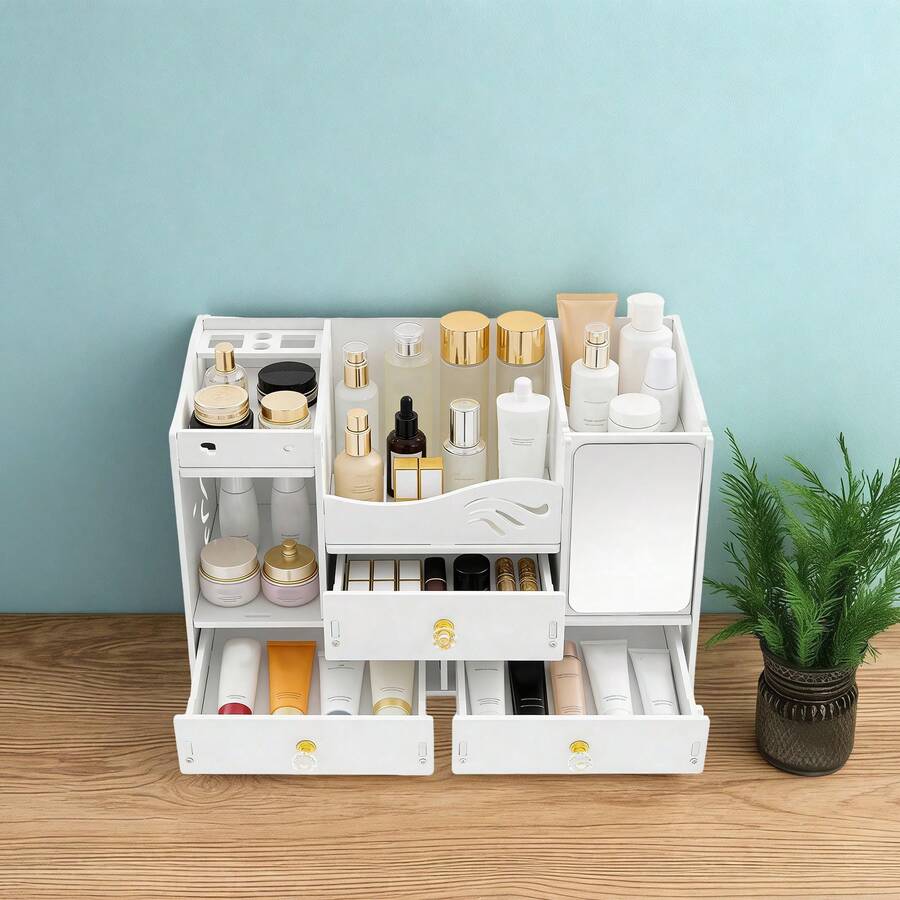 SHIOUCY White PVC Cosmetic Organizer, Vanity Storage Box, Makeup Organizer, Desktop Jewelry Storage Drawer Case With Mirror For Home Bedroom Dormitory - White - View 1