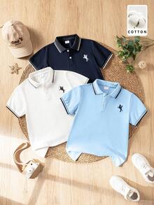 3pcs/Set Unisex Kids Classic Preppy Embroidered Blue & White Short Sleeve Cotton Polo Shirts, Suitable For Back To School, Daily Casual, Party, Group Activities - Multicolor - View 4