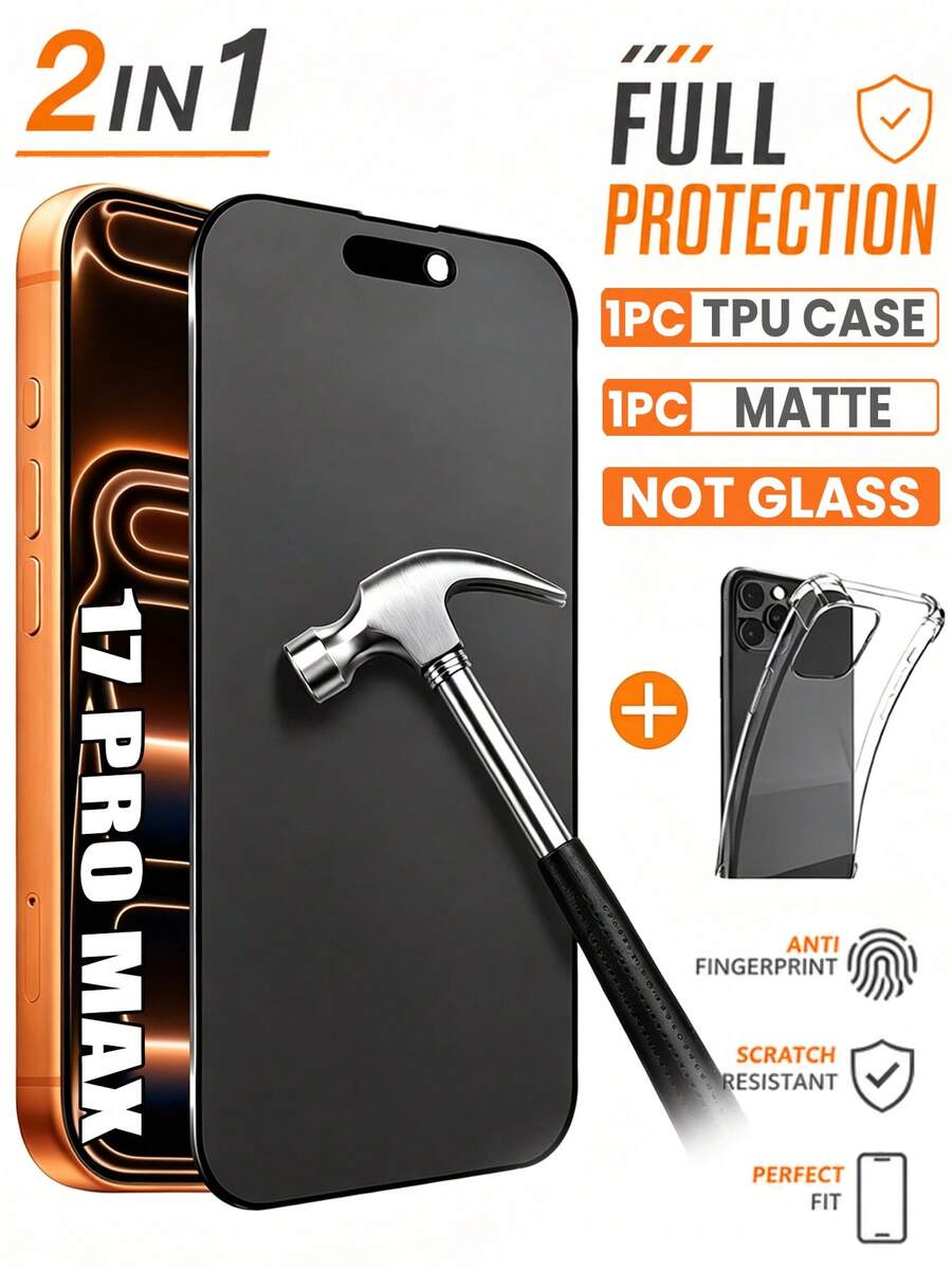 Set 2 en 1 Compatible con Funda de Teléfono Apple 17 Pro Max y Protector de Pantalla Mate con Privacidad (1 pieza Protector de Pantalla Mate + 1 pieza Funda de Teléfono Apple) - Negro - Ver 1