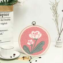 Pink Tulip Punch Needle Embroidery DIY Kit, Includes 20cm Embroidery Hoop, Printed Fabric, Yarn And Full Tool Set, Suitable For Beginners, Stress Relief Handmade Craft, Finished Round Decorative Wall Hanging, Ideal For Home Decor, Creative Holiday Gift Handmade Material Pack - A - View 3