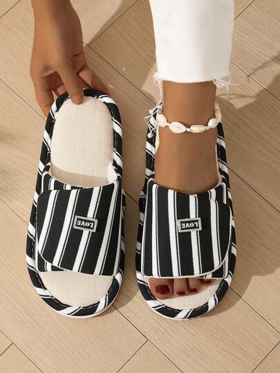 Pantuflas de casa minimalistas con rayas laterales de tela para mujer, para todas las estaciones