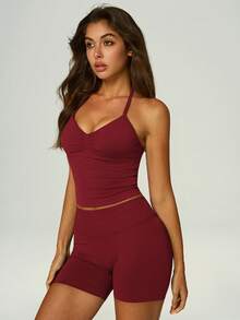 UONNOU 3-Piece Set Angola Red Halter Neck Shaping Tank Top + Waist-Cinched Butt-Lifting Tight Shorts + Long Pants, Cycling Yoga Fitness Casual Sports - Red - View 9