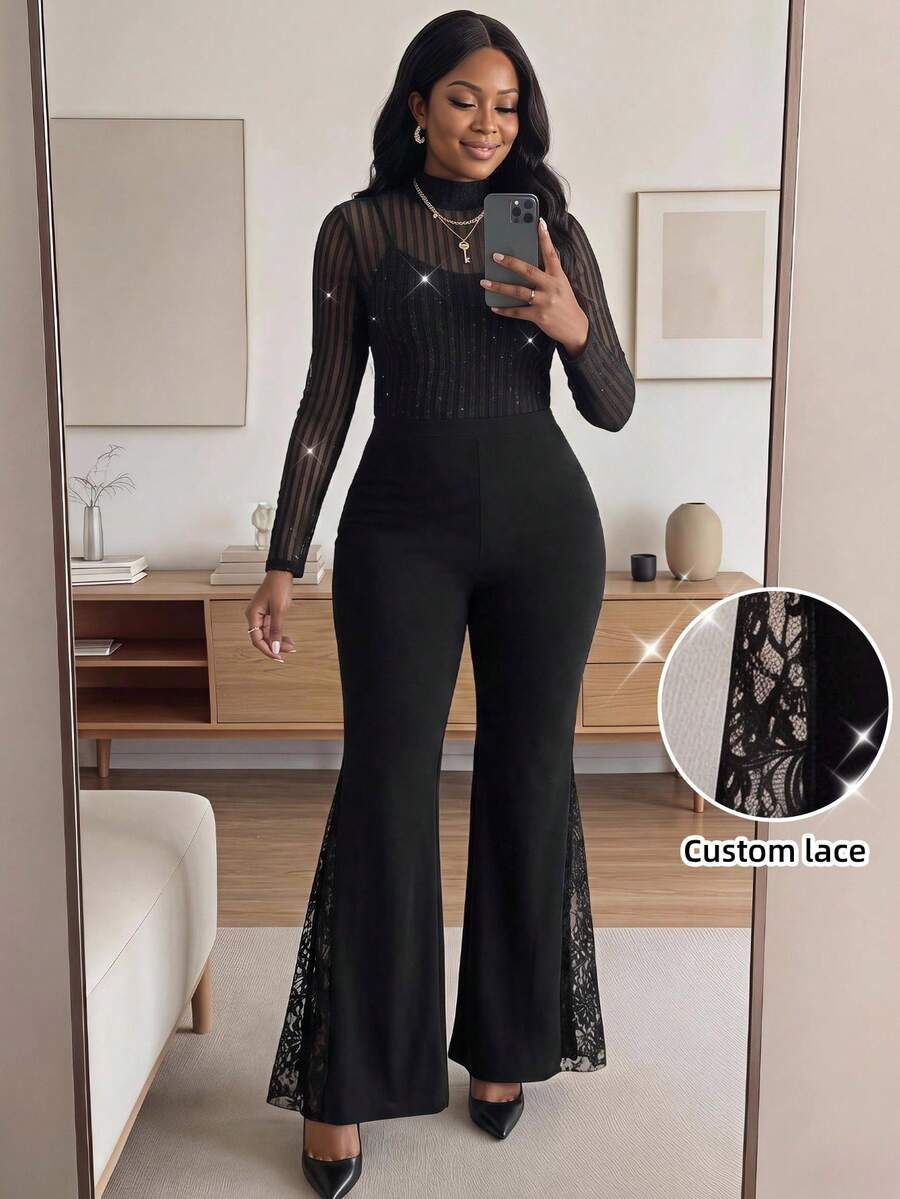SHEIN Lady Plus Size Stretchy Lace Patchwork Skinny Flare Pants, Black Flare Pants, Flare Pants With Lace, Elegant Daily Wear Date Night & Evening Flare Trousers - Black - View 1