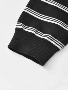 Kaos Lengan Panjang Bergaris Kasual Wanita (Garis Acak) untuk Liburan - Hitam - View 6
