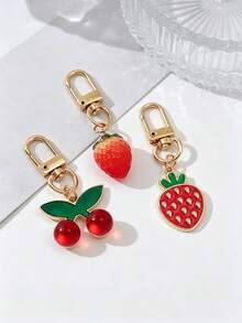 3pcs Cute Cherry Strawberry Keychain Pendant Set, Sweet Fruit Charms Versatile For Backpacks, Car Keys, Suitable As Small Gifts - Red - View 2