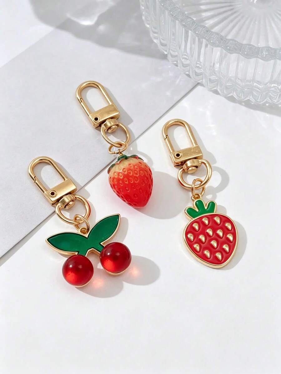 3pcs Cute Cherry Strawberry Keychain Pendant Set, Sweet Fruit Charms Versatile For Backpacks, Car Keys, Suitable As Small Gifts