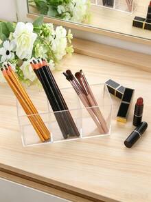 3-Slot Clear Acrylic Makeup Brush Holder, Transparent Desktop Cosmetic Storage Organizer Box - View 1