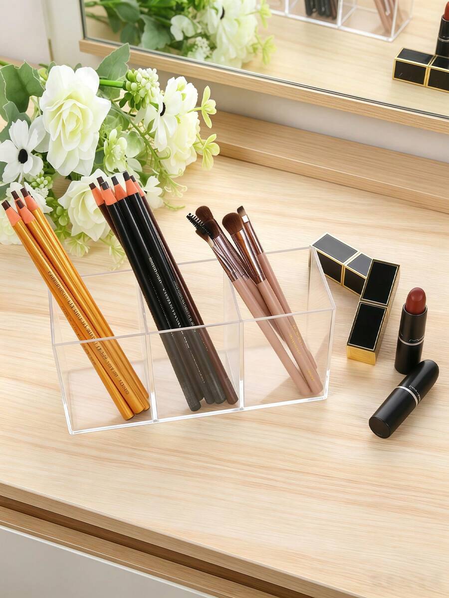 3-Slot Clear Acrylic Makeup Brush Holder, Transparent Desktop Cosmetic Storage Organizer Box - View 1