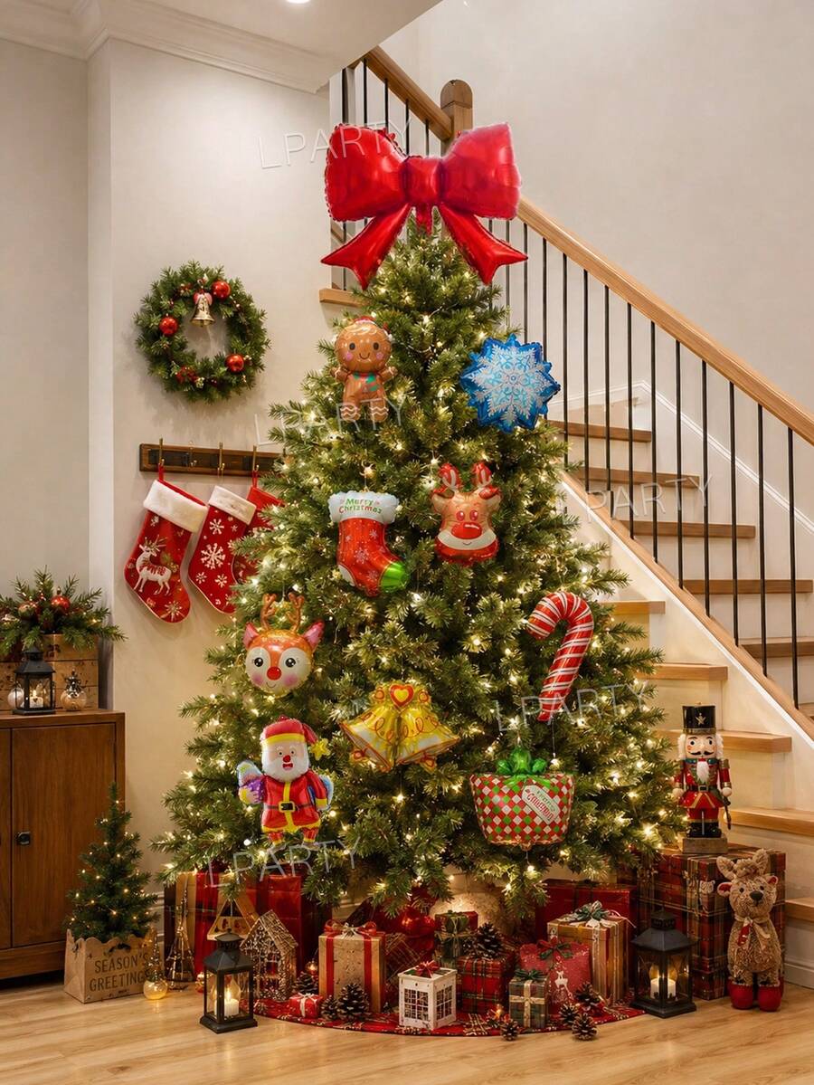 11pcs/Set Christmas Tree Decoration Balloon Set, 21-Inch Red Bow Shaped Matte Foil Balloon, Mini Gingerbread Man/Snowflake/Reindeer/Sock/Bell/Candy Cane/Santa Claus/Gift Shaped Balloons, New Year Celebration Decoration Props - View 1
