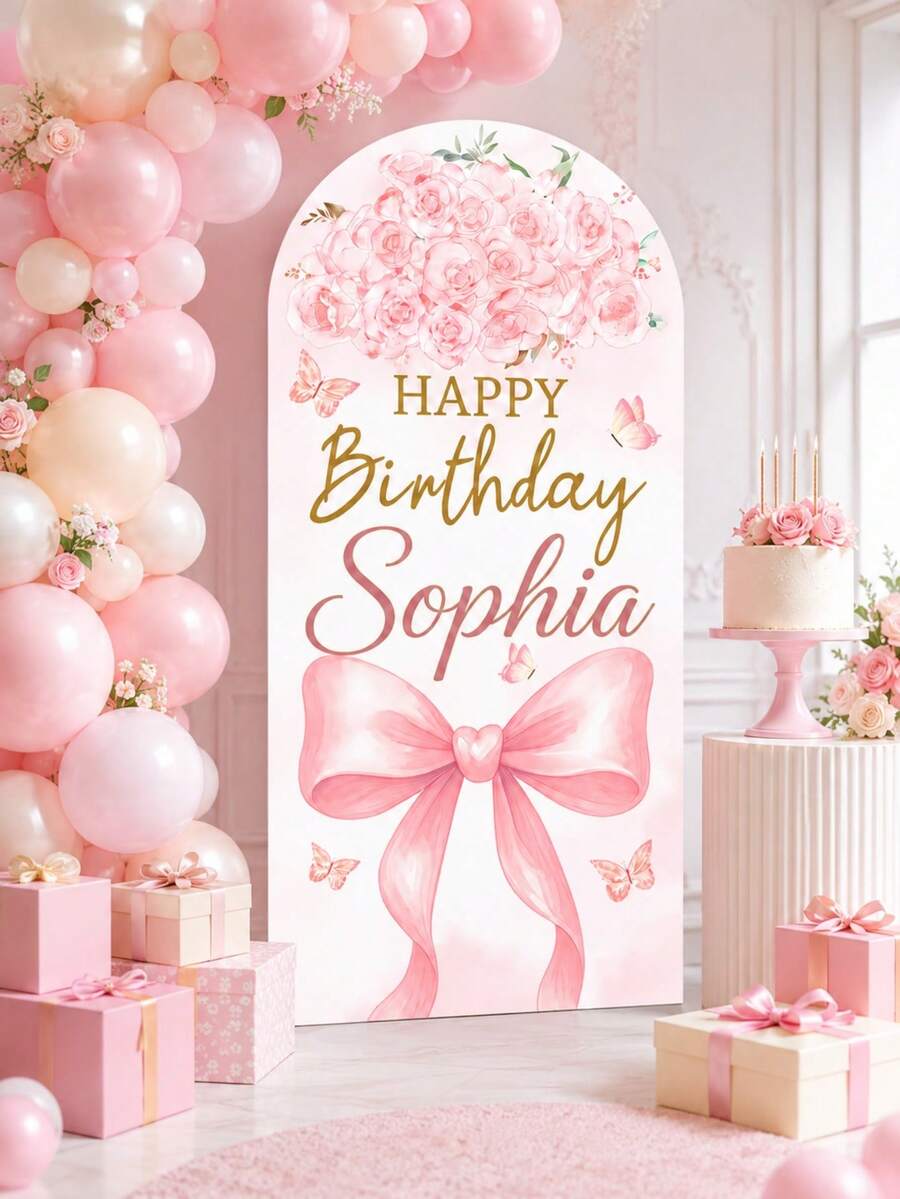 Personalized Custom Text Elastic Arch Background Banner, Custom Backdrop For Birthdays And Events, Birthday Party Event Background | Modern Arch Design | Polyester Elastic -- (Arch Not Included, Fabric Background Only), Chiara Wall Cover - Multicolor - View 1