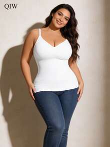 1 pieza Camiseta moldeadora de unicolor con ajuste inalámbrico y tirantes ajustables para mujer de talla grande - Blanco - Ver 5