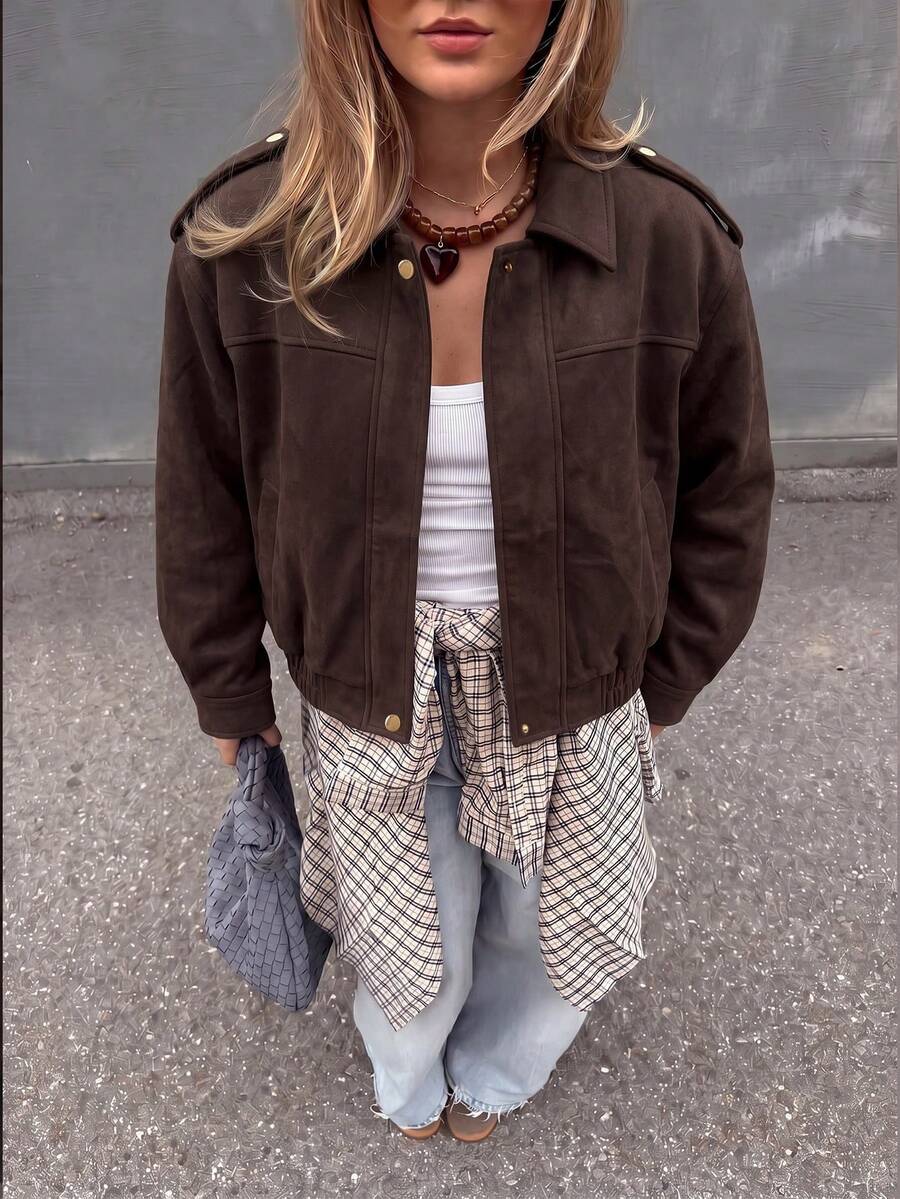 Women's Brown Lapel Long Sleeve Zip-Up Knit Jacket, Regular Length Non-Stretch Outerwear, Suitable For Autumn/Winter - Chocolate Brown - View 1