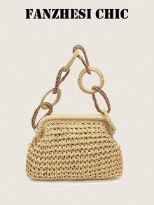 Hollow Crochet Straw Shoulder Bag Two-Tone Woven Ring Chain Handle Kisslock Frame Summer Beach Bag Suitable For Beach Activities - Beige - View 2