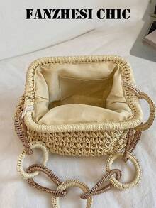 Hollow Crochet Straw Shoulder Bag Two-Tone Woven Ring Chain Handle Kisslock Frame Summer Beach Bag Suitable For Beach Activities - Beige - View 5