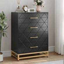 Cómoda de 4 Cajones para Dormitorio – Diseño Moderno con Tiradores Dorados y Patas Metálicas, Cajones Profundos, Organizador de Ropa para Clóset, Recámara o Entrada​ - Negro - Ver 5