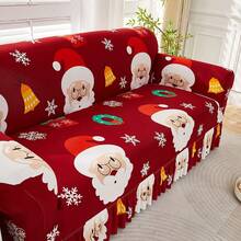 1pc Printed Santa Claus Elastic Hem Sofa Cover, All-In-One Sofa Slipcover For 1-2-3-4 Seater Sofas, Soft Fabric, Suitable For Straight Sofa, Living Room, Bedroom, Study, Home Decor - Red - View 7