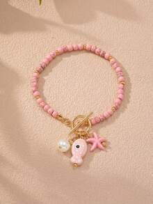1pc Women's Starfish, Pearl & Sardine Beaded Decor Multi-Pendant Bracelet, Summer Beach Jewelry, Gift For Her - Pink - View 2