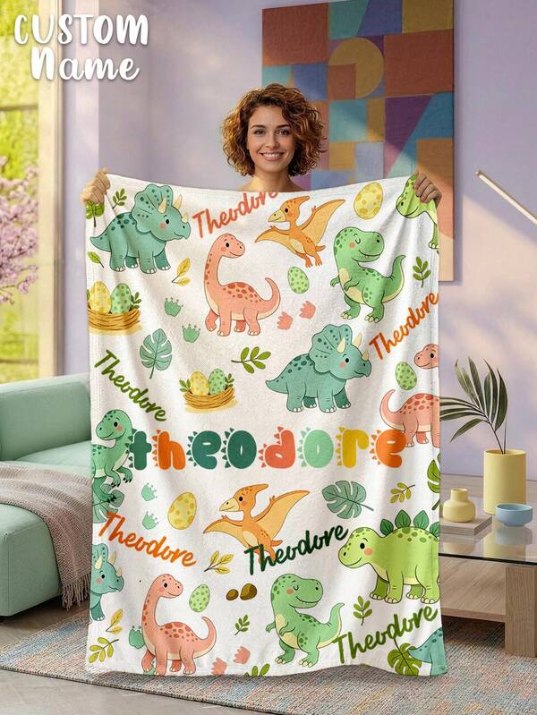1pc Customized Name Blanket, Dinosaur Personalized Name Blanket, Personalized Bed Blanket, Customizable Name Print, Personalized Throw Blanket, Cute Animal Pattern Blanket, Comfortable Blanket, Home Gift, Birthday Gift, Christmas Gift, Personalized Gift, Gift For Son/Daughter, Gift For Friends