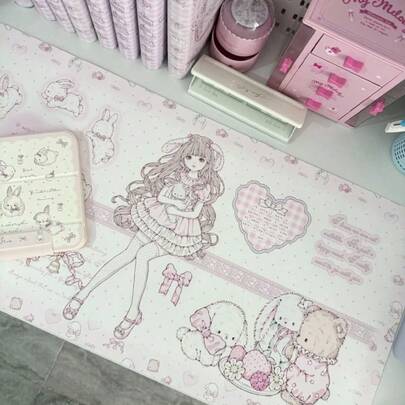 Leather Desk Pad Protector Full Screen Polka Dots Gradient Pink Running Bunny Heart Gradient Bear Rabbit Bow Girl's Heart Sweet Y2K Kawaii Mouse Pad Office Desk Mat Waterproof Non-Slip PU Desk Blotter Pad