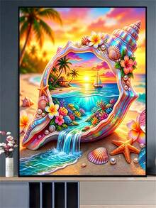 1pc Diamond Painting Kit, Dreamy Sunset Beach Seashell Landscape Diamond Art, Handmade Rhinestone Decor Painting, Tropical Ocean Style Living Room Wall Art, Holiday Gift - round diamond - View 3