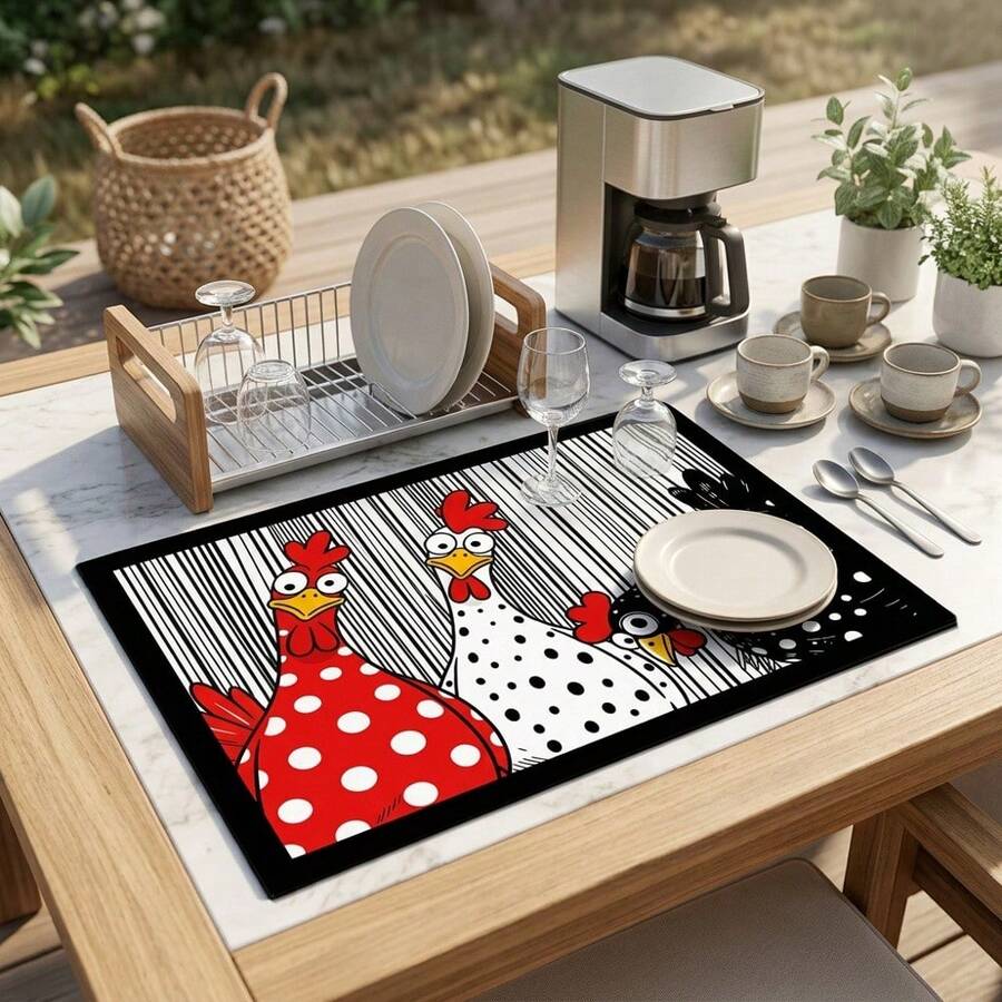 1pc Dish Drying Mat, Coffee Machine Mat, Polka Dot Cartoon Chicken Pattern Highly Absorbent Drainage Mat For Kitchen, Dining Table, Cafe And Multiple Scenes, Multi-Purpose Water-Draining Mat, Home Gift, Desktop Decoration