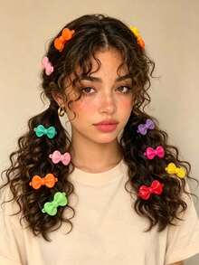 20pcs Girls Cute Heart-Shaped Hair Clips, Colorful Bow Hair Clips, Flower Plastic Hair Accessories, Butterfly Shape Hair Clips, Suitable For Daily Wear Or Vacation - Multicolor - View 7