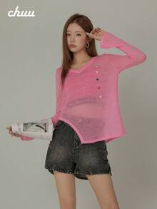 CHUU Sweater Rajut Bordir Huruf Hati Wanita Musim Gugur Tipis Asimetris Belahan Leher V - Berwarna merah muda - View 5
