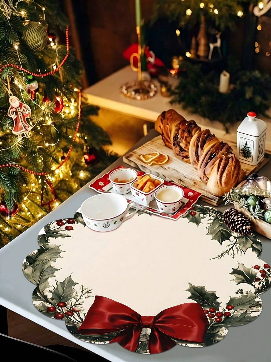 2/4/600pcs Christmas Party Flower Placemats - Vintage Holly And Red Bow Wreath; 13.78 Inch Linen Material; Tabletop Decor Non-Slip, Heat-Resistant And Machine Washable - Multicolor - View 1