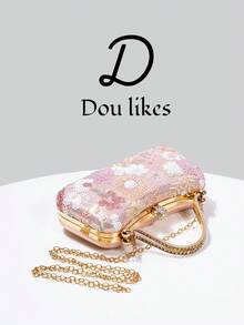 1件裝亮片刺繡晚宴包，花卉亮片與刺繡設計，高階訂婚手拿包，適合旗袍/晚禮服，附金屬鏈條，優雅女士風格，適用派對、婚禮、畢業舞會、晚餐/宴會，完美搭配女款畢業舞會禮服、畢業舞會配件、亮片洋裝、閃亮洋裝、女士優雅禮服 - 粉色 - 查看 4