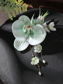 1件甜美逼真綠色蝴蝶蘭花髮夾，女孩風側邊髮夾，適合盤髮，仙女風女性拍照與裝飾髮飾 - 薄荷綠 - 查看 3
