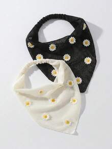 2件/1套 女款時尚原創花卉刺繡捲邊雛菊裝飾髮帶髮箍，適合日常與度假使用 - 白色+黑色 - 查看 7
