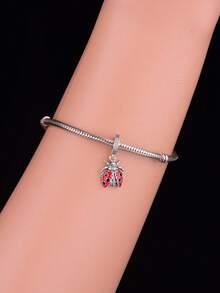 1pc S925 Sterling Silver Zirconia Red Enamel Seven-Spot Ladybug Pendant Lucky Healing Cartoon Insect DIY Bracelet Large Hole Bead Accessory - Silver - View 4