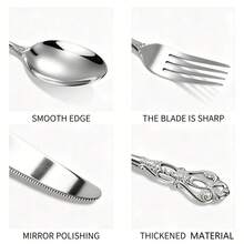 European Vintage Embossed Hollow Handle Stainless Steel Cutlery Set | Gold/Silver Mirror Polished, Non-Slip And Dishwasher , Multi-Piece Set, Suitable For Western Dining And Party Decoration - Silver - View 4