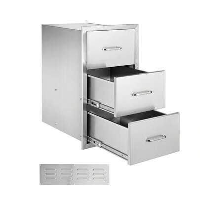 Outdoor Kitchen Drawers, 16.5"W X 29"H X 20.5"D Triple Access Drawers, Stainless Steel Flush Mount Cabinets, BBQ Island Drawers Storage With Paper Towel Holder & Handle, For Patio Grill Station