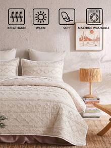 2/3pcs Geometric Striped Cut-Out Light Beige Bedspread Set (1 Bedspread + 1/2 Pillowcases), Simple Versatile Fresh Pastoral, Modern Daily Polyester, Soft And Skin-Friendly, Suitable For Master Bedroom, Guest Bedroom, Secondary Bedroom, All-Season Use - Beige - View 6