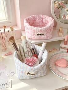 Cute Foam Quilted Desktop Items Storage Bucket Bow&Heart Print Makeup Basket Folding Floral Print Cosmetics Bag Household Sundries Storage Basket - Multicolor - View 4