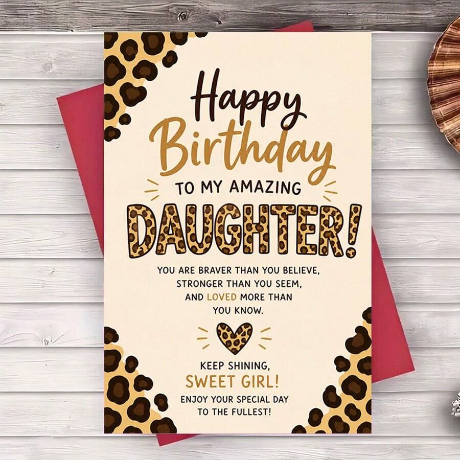 1pc Funny Greeting Card Leopard Print Birthday Greeting Card For Daughter Inspirational Message Flat Paper Card For Birthday Celebration And Special Occasion Gift - Greeting Card + Envelope - View 1
