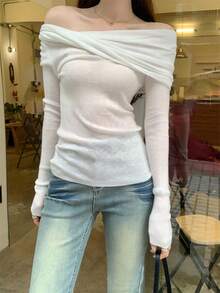 Design-Driven Fitted Inner Layer Base Layer Top For Women, Sexy Off-Shoulder T-Shirt With Premium Aesthetic Casual White - White - View 1