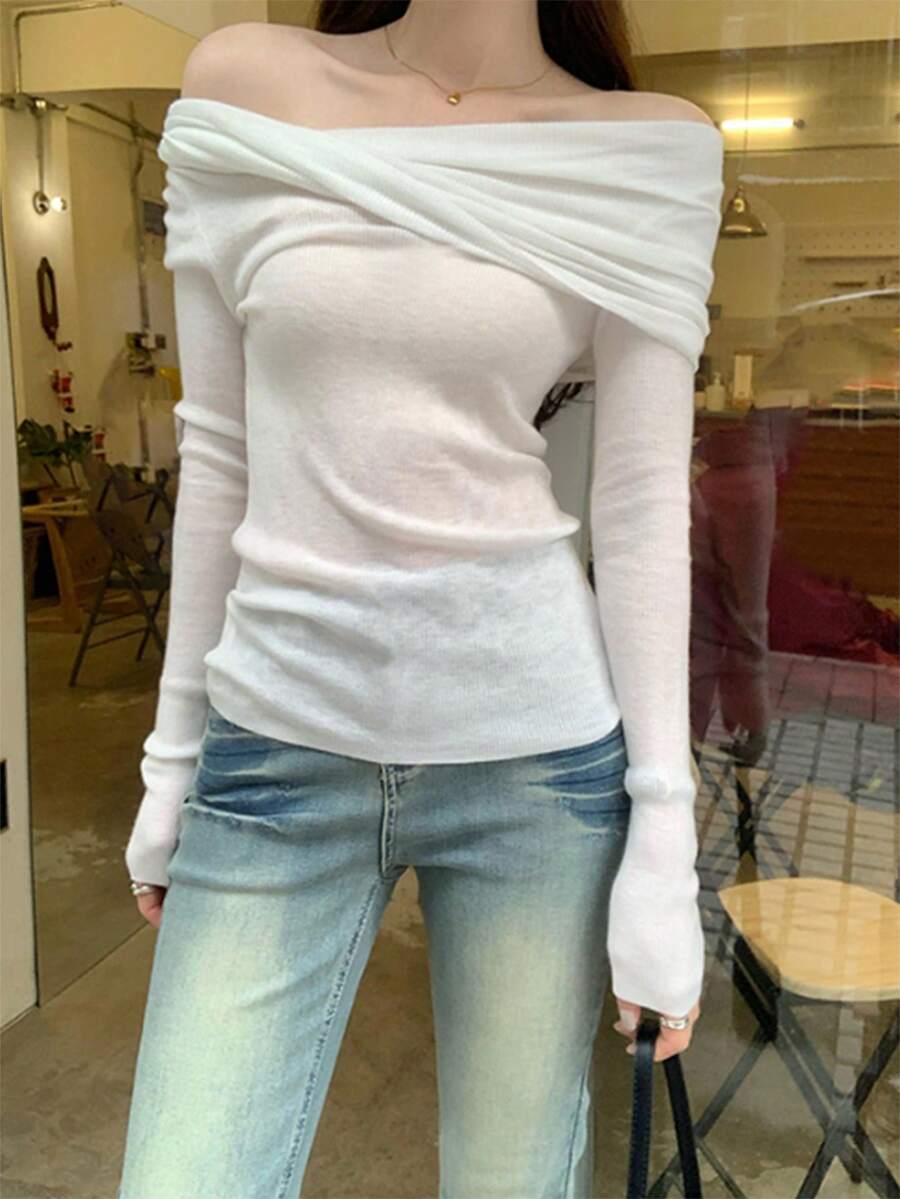 Design-Driven Fitted Inner Layer Base Layer Top For Women, Sexy Off-Shoulder T-Shirt With Premium Aesthetic Casual White - White - View 1