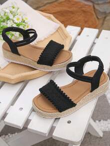 1 Pair Black Wedge Platform Sandals For Teen Girls, Minimalist Beach Vacation Style, Girls' Summer Sandals (Runs Small), Solid Color Straw Woven Kids' Sandals, Suitable For Holiday And Daily Wear - Black - View 5