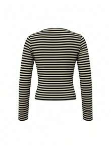Casual Long Sleeve Striped V-Neck T-Shirt Women's Top - Apricot - View 6