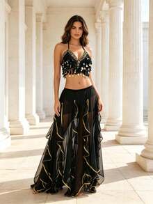 Professional Belly Dance Sequin Coin Fringe Halter Crop Top, Elastic Waist Side Slit Layered Chiffon Skirt For Dance Training, Stage Shows And Competitions - Multicolor - View 19