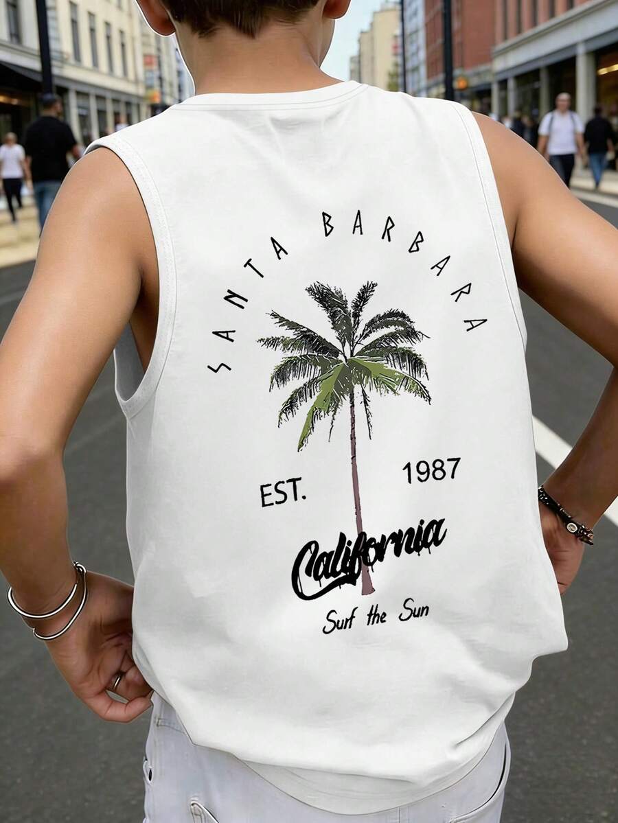 Teen Boys California Palm Tree Graphic Tank Top, Soft Comfy Summer Casual Sleeveless Top - White - View 1