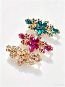 3pcs Rhinestone Flower Metal Hair Clips - Multicolor - View 1